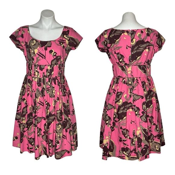 CAROLE LITTLE Pink Dress Brown Tan Floral Retro Pin Up Rockabilly Size 10 - Picture 9 of 9